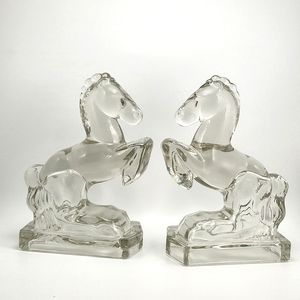 Vtg L.E. Smith Clear Glass Rearing Horse Bookends Pair Art Deco Style MCM Heavy